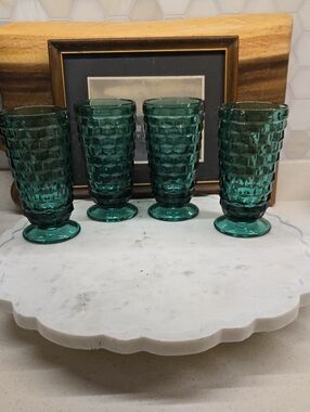 Vintage Teal Indiana Glass Cubist Footed Glasses Set Of 4